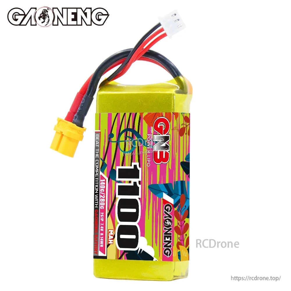 Front label view of GAONENG GNB 1100mAh battery with wires, XT60 connector and balance lead