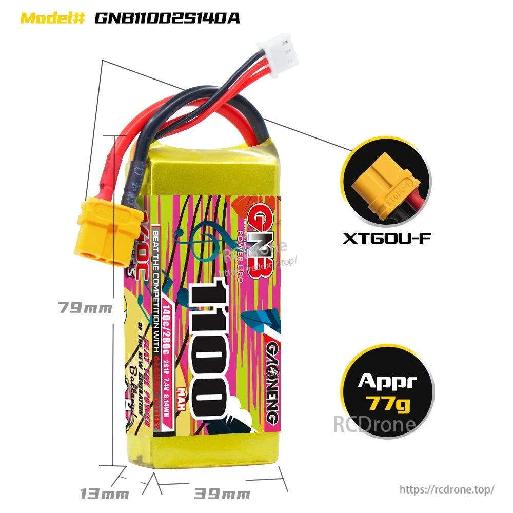 Battery dimension and weight diagram showing approx 79×39×13 mm, XT60U-F connector, 77 g