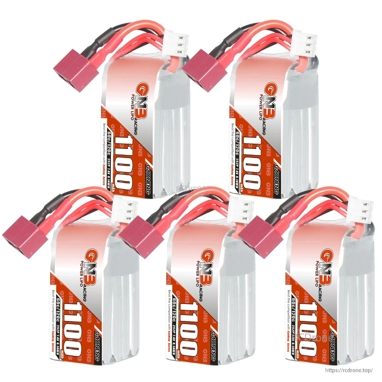 Five GNB 1100mAh 2S LiPo batteries bundle image showing multiple packs with T-plug leads