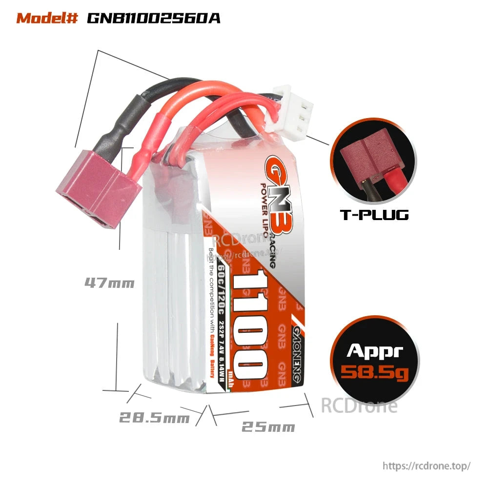 GNB11002S60A battery size and weight graphic with T-PLUG close-up, 47mm x 28.5mm x 25mm, appr 58.5g