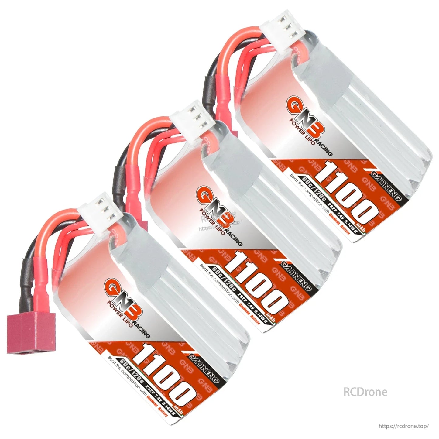 Three GNB 1100mAh 2S LiPo batteries shown together with T-plug and balance leads