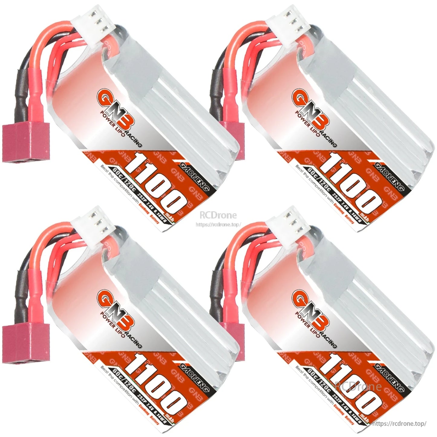 Four GNB 1100mAh 2S LiPo batteries group image with T-plug connectors and balance plugs