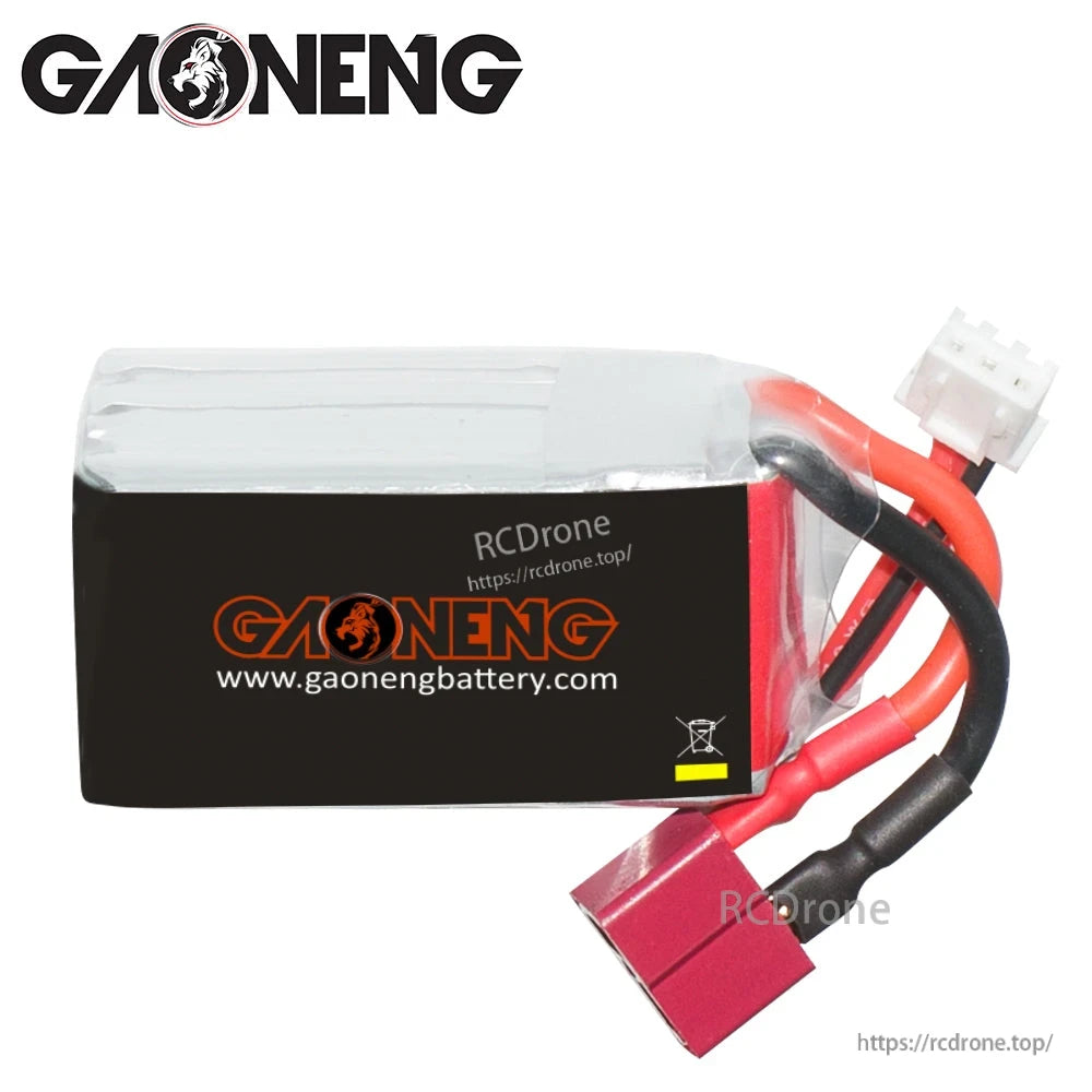 Rear label view showing GAONENG branding and gaonengbattery.com on the battery wrap with attached leads