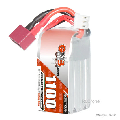 Side view of GNB 1100mAh LiPo battery showing cell pack thickness, wiring, and white balance connector
