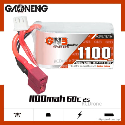 GAONENG GNB11002S60A 1100mAh 60C 2S LiPo label close-up showing 7.4V and 8.14Wh