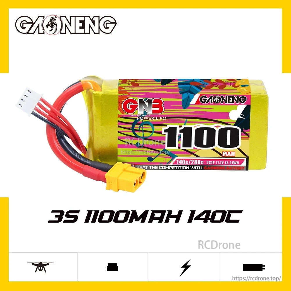 GAONENG GNB11003S140A 3S 1100mAh 140C LiPo battery on spec graphic (3S 1100mAh 140C text)