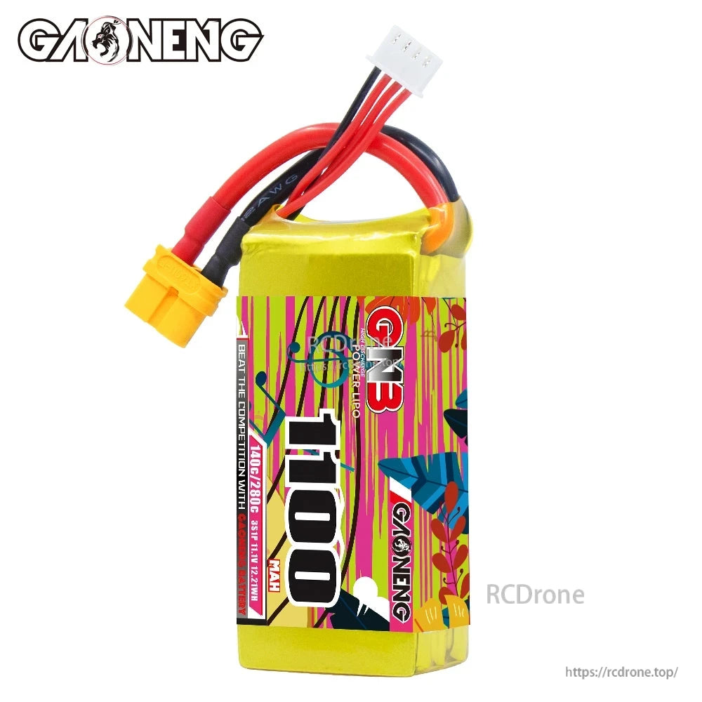 Upright front view of GNB 1100mAh 140C battery with XT60 plug and 3S balance lead