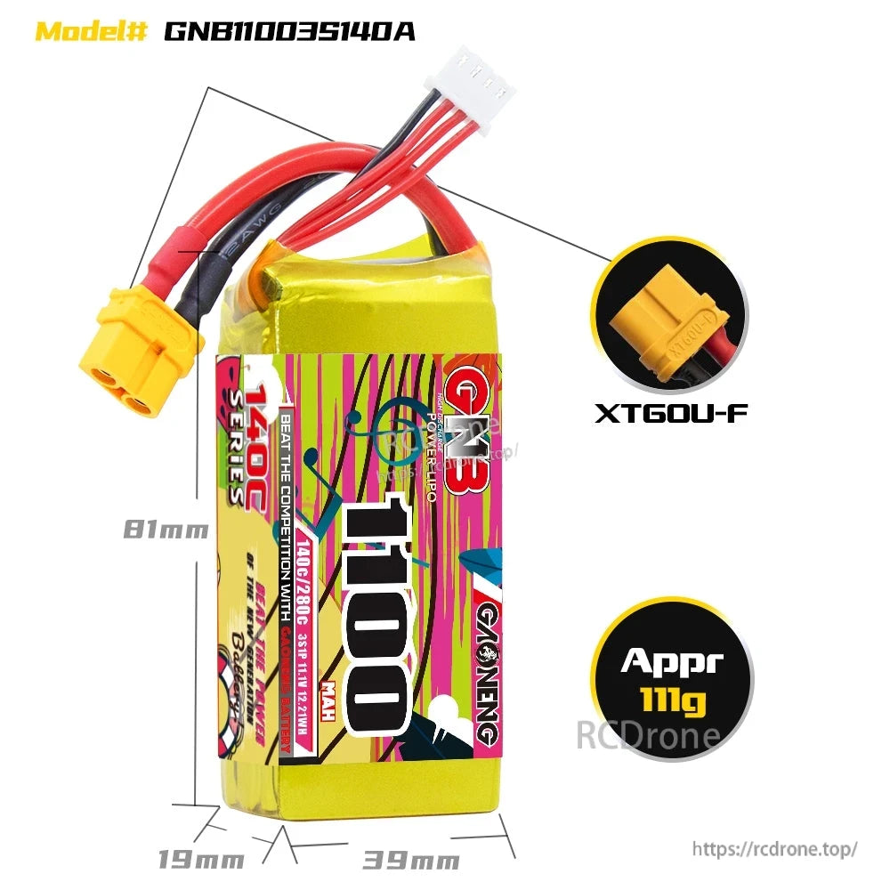 GNB11003S140A battery size and weight chart with XT60U-F connector callout and approx 11g weight