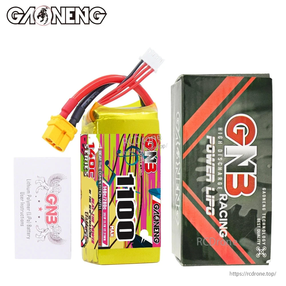 Package contents: GNB 1100mAh battery, GNB Racing Power LiPo box, and safety/instruction card