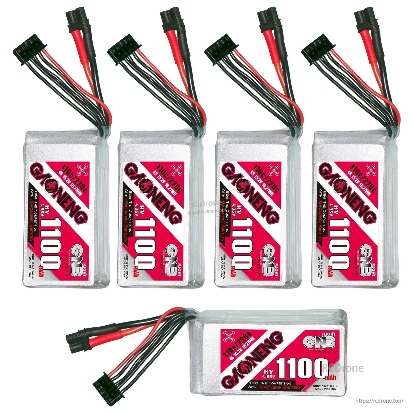 Five-battery bundle layout: four upright packs and one horizontal, each with XT30 lead and balance plug
