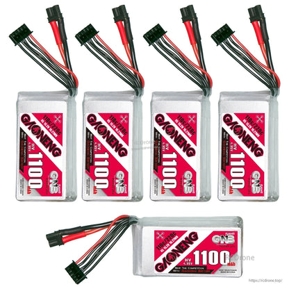 Five-battery bundle layout: four upright packs and one horizontal, each with XT30 lead and balance plug