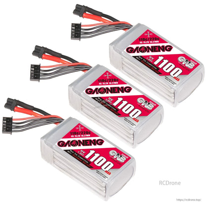 Three-pack bundle of GAONENG 1100mAh 4S LiHV batteries with XT30 leads and balance plugs