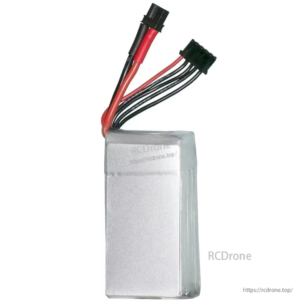 Rear/side view of LiPo battery pack in silver wrap with lead wires exiting the top