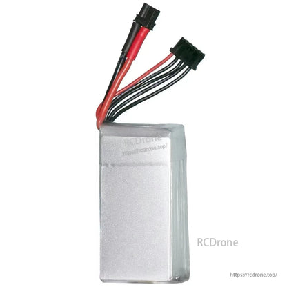 Rear/side view of LiPo battery pack in silver wrap with lead wires exiting the top