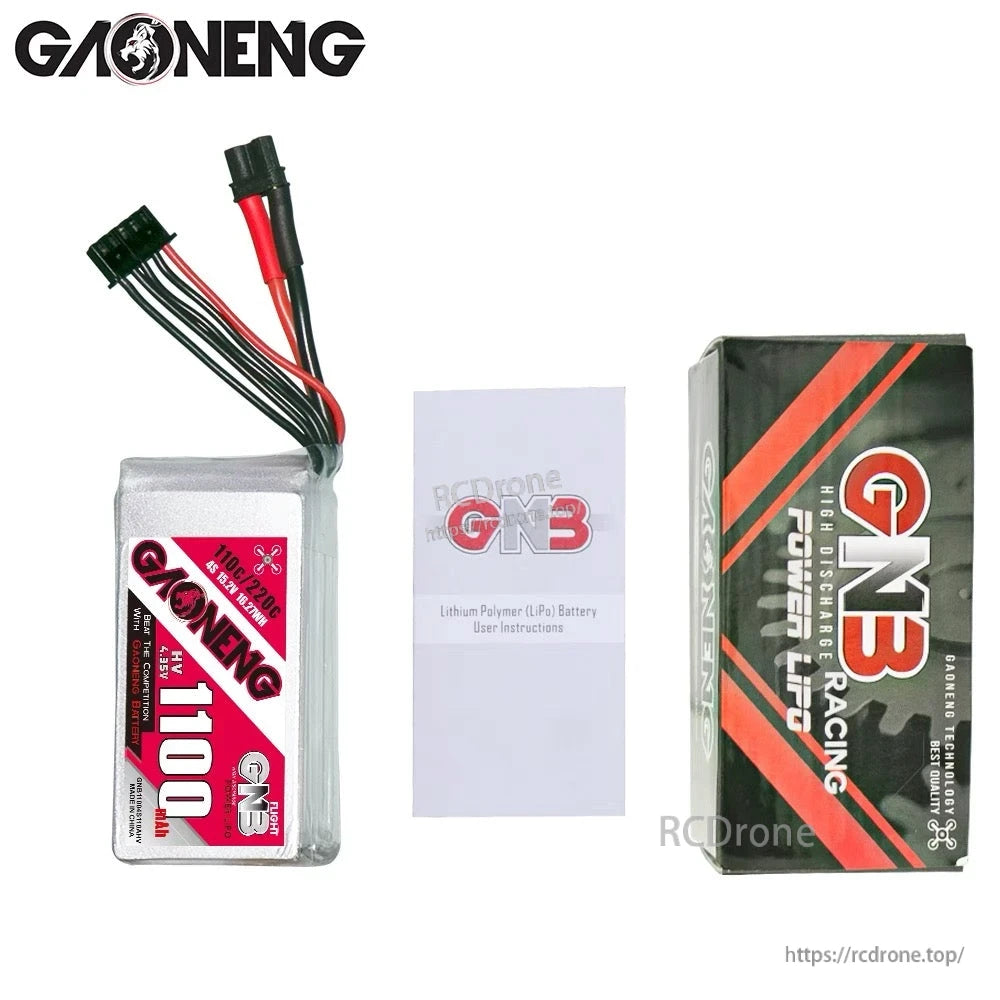 Package contents: GAONENG 1100mAh battery, user instructions booklet, and GNB Racing box