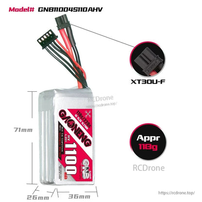 Dimensions and weight diagram for GNB11004S110AHV battery, XT30U-F connector detail, approx 118g