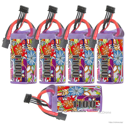 Five GNB 1100 batteries set, four upright plus one horizontal showing label and XT60 connector
