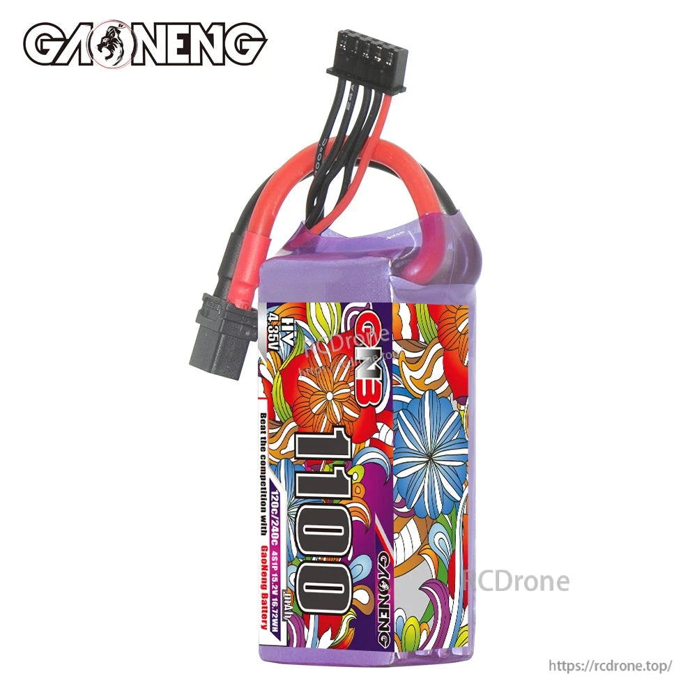 Upright view of GNB 1100 battery highlighting full wrap artwork and top-mounted balance connector