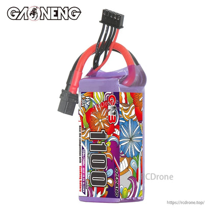 Upright view of GNB 1100 battery highlighting full wrap artwork and top-mounted balance connector