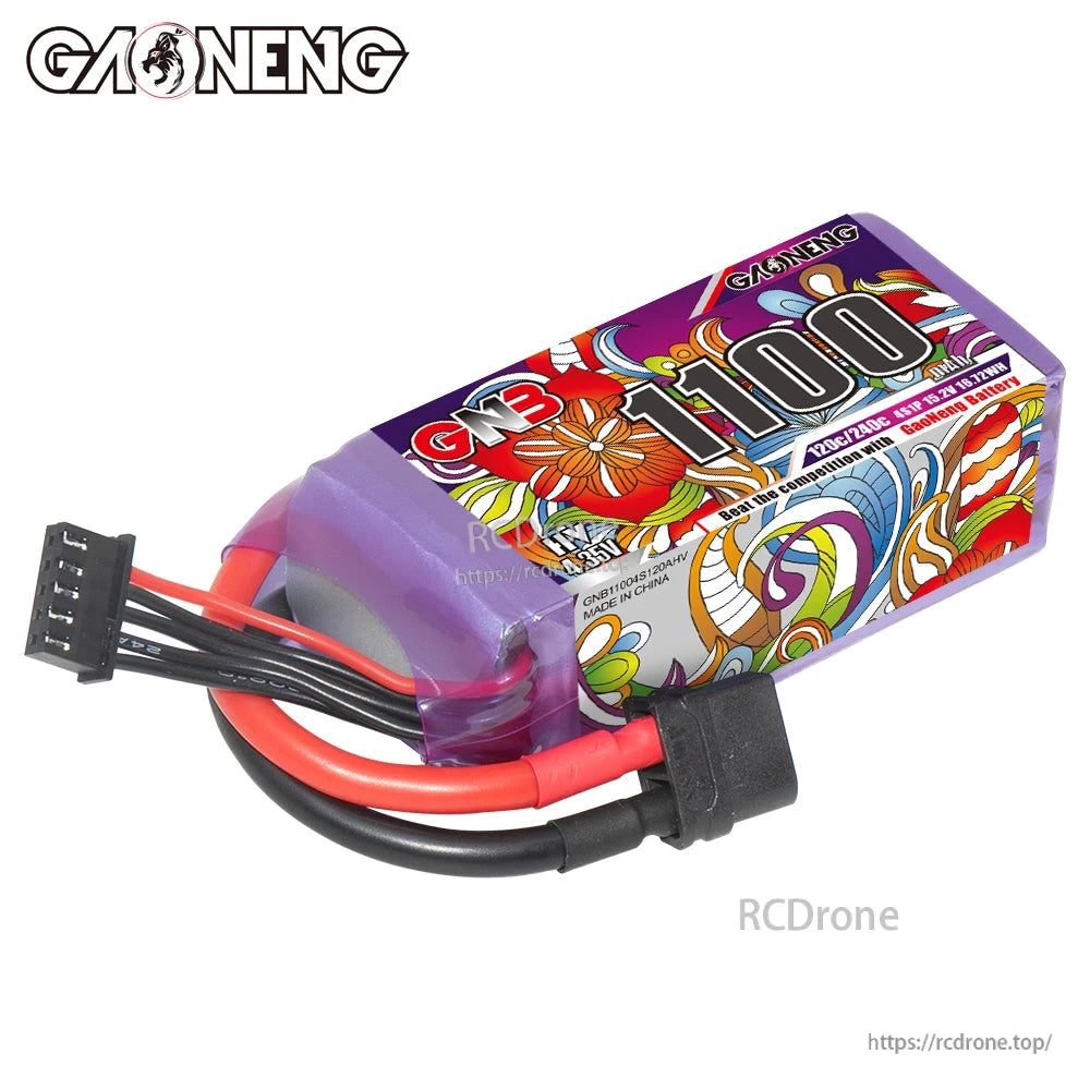 Angled side view of GNB 1100 battery showing purple shrink wrap, XT60 connector and balance lead
