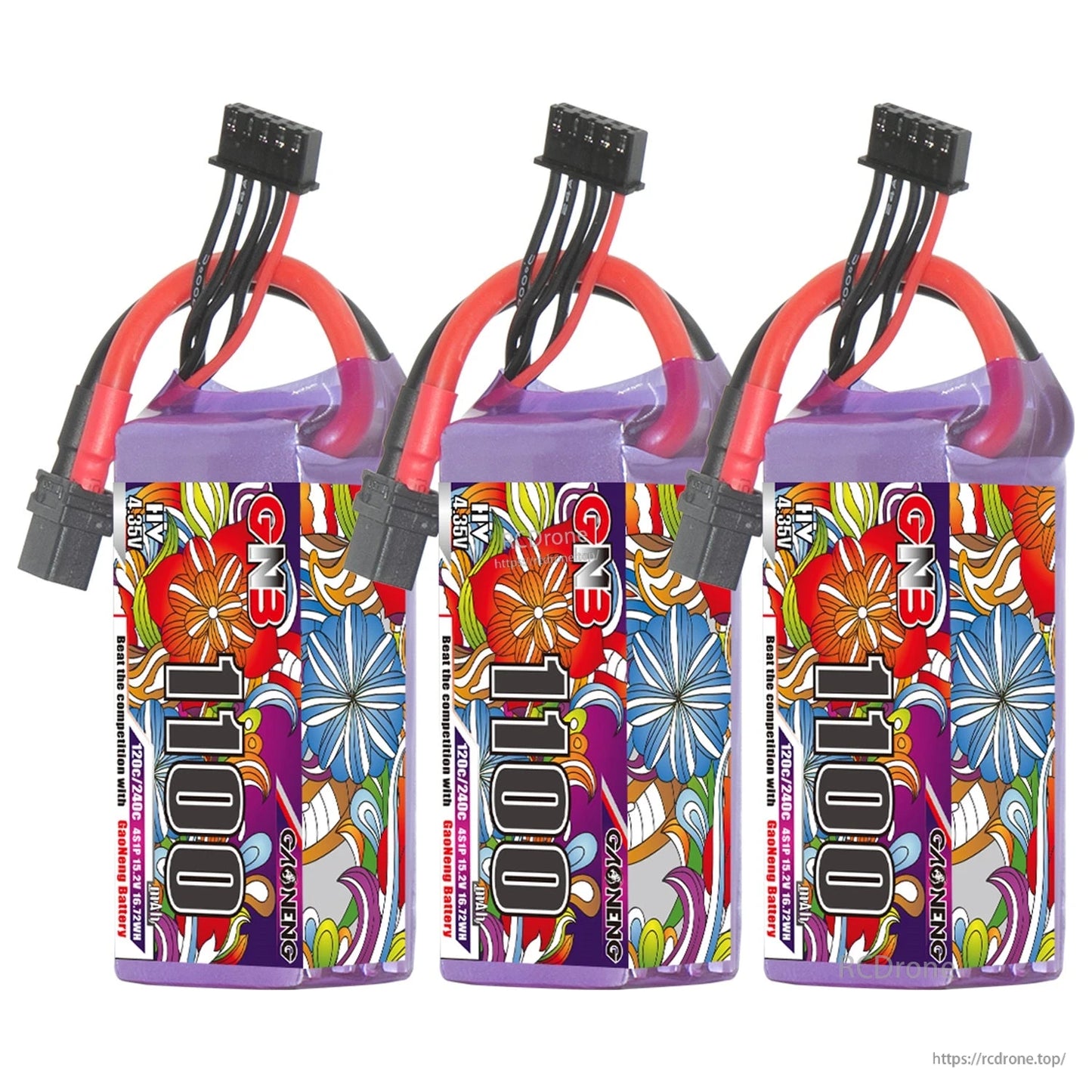 Three GNB 1100 batteries shown together, each with XT60 connector and balance lead