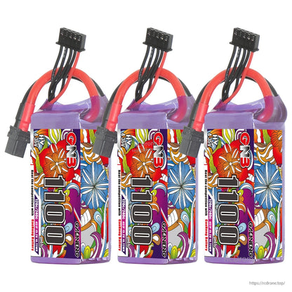 Three GNB 1100 batteries shown together, each with XT60 connector and balance lead