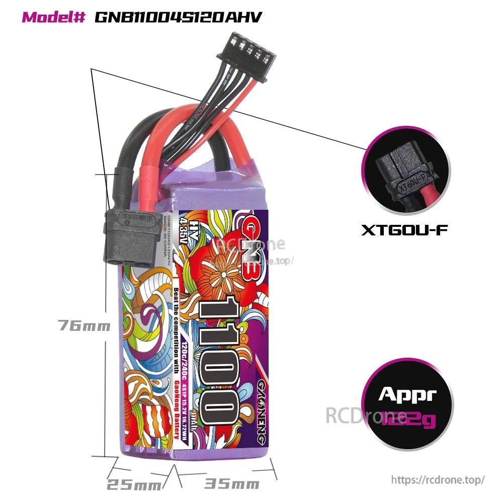 GNB11004S120AHV dimension diagram showing 76mm length and 25mm x 35mm size, XT60U-F plug