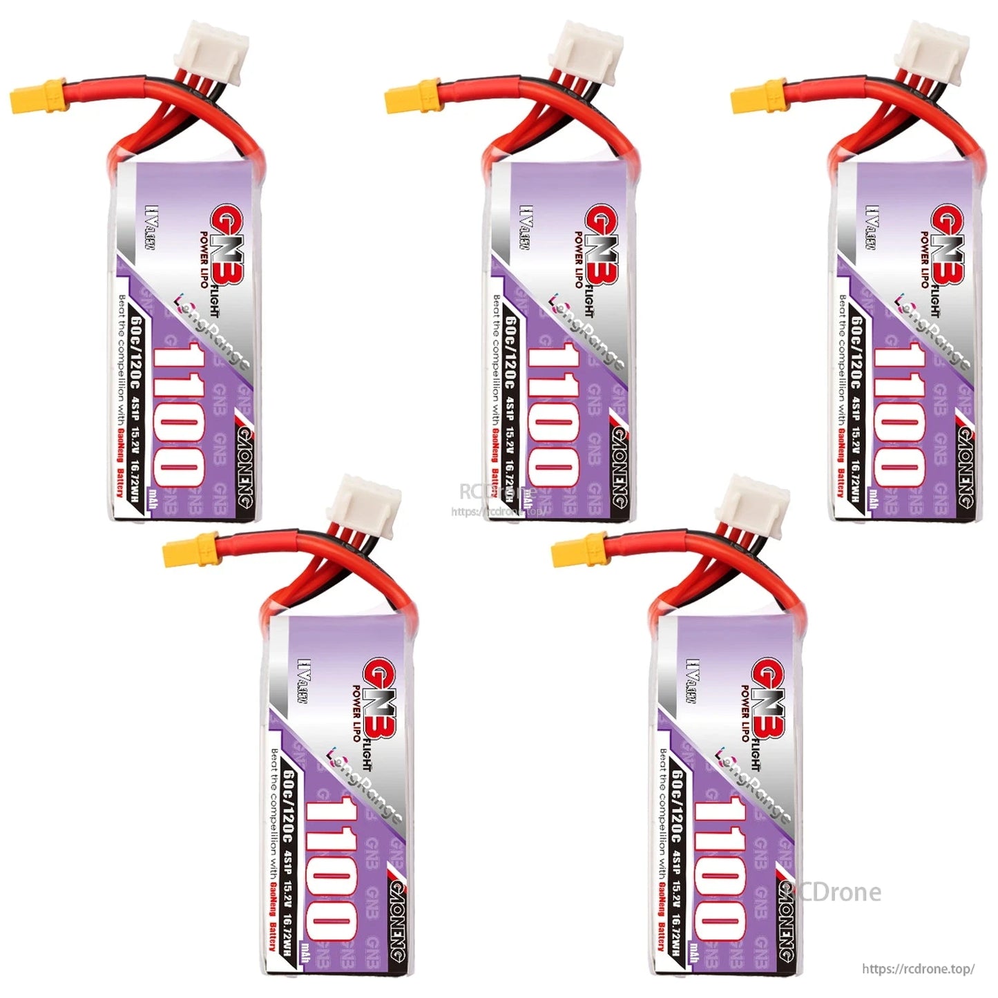 Five GAONENG GNB1100 batteries shown upright, label and XT30/balance leads visible
