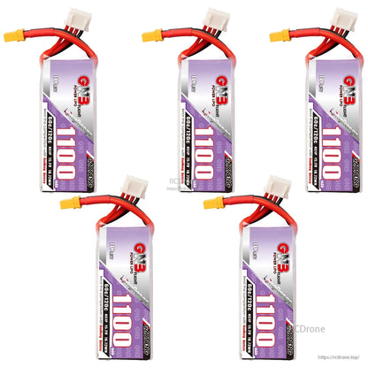 Five GAONENG GNB1100 batteries shown upright, label and XT30/balance leads visible