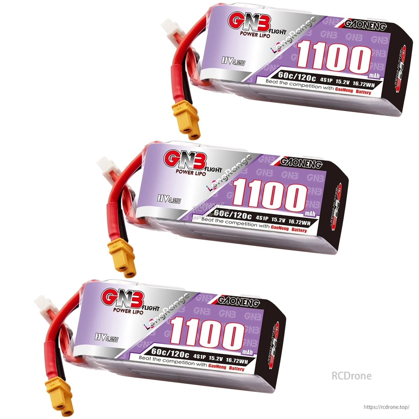 Three GAONENG GNB1100 LiHV 4S 1100mAh batteries shown horizontally with XT30 leads