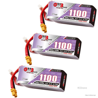 Three GAONENG GNB1100 LiHV 4S 1100mAh batteries shown horizontally with XT30 leads