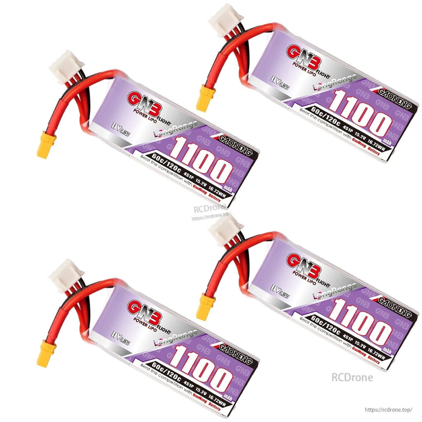 Four GAONENG GNB1100 4S LiHV batteries displayed at angles, showing balance leads and XT30 plugs