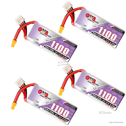 Four GAONENG GNB1100 4S LiHV batteries displayed at angles, showing balance leads and XT30 plugs