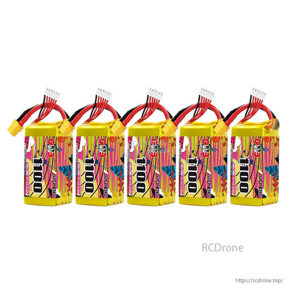 Five GNB 1100mAh batteries lined up, front label view with balance leads