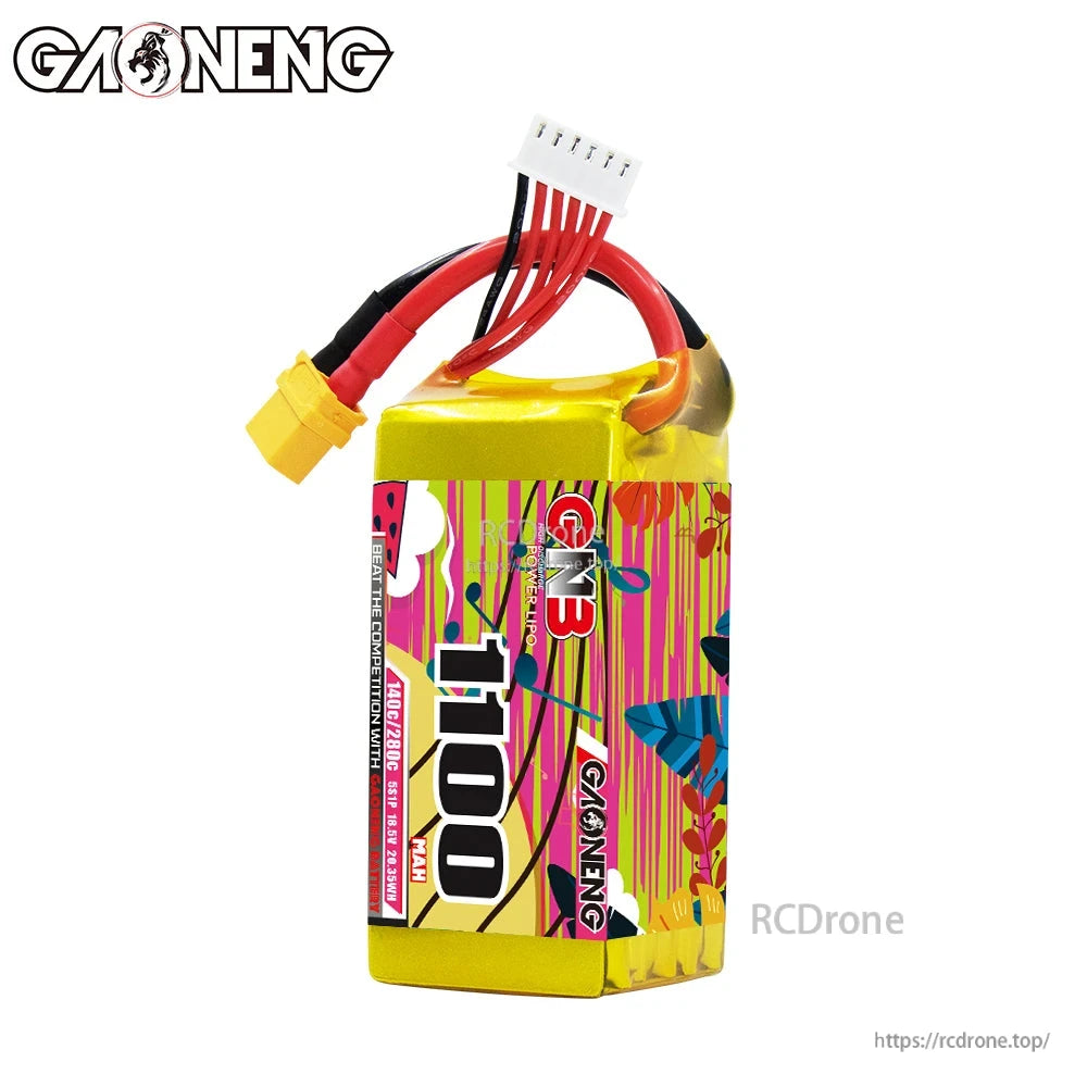 Single GNB 1100mAh 140C LiPo battery upright, front label view with leads on top