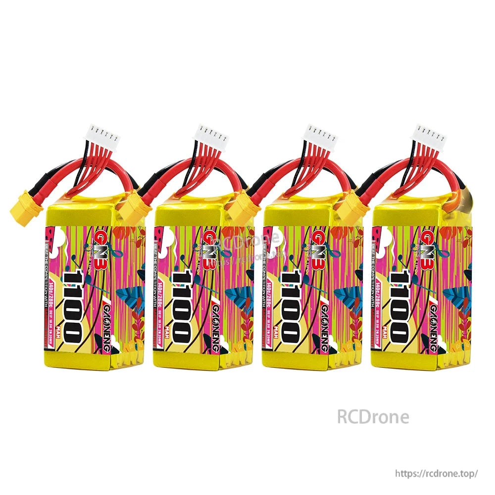 Four GNB 1100mAh batteries standing side by side, front label view