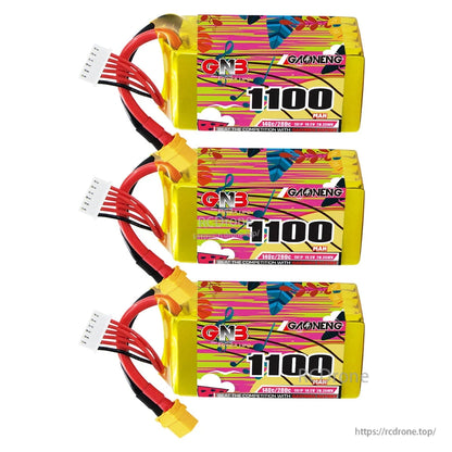 Three GNB 1100mAh batteries shown flat, top label view with XT60 leads