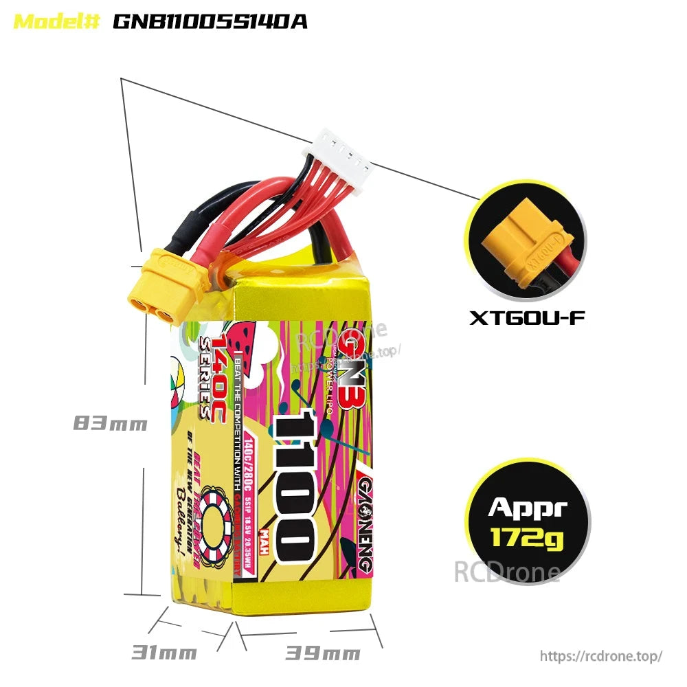 GNB11005S140A battery dimensions diagram with XT60U-F connector callout and approx 172g weight