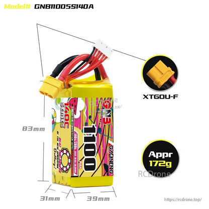 GNB11005S140A battery dimensions diagram with XT60U-F connector callout and approx 172g weight