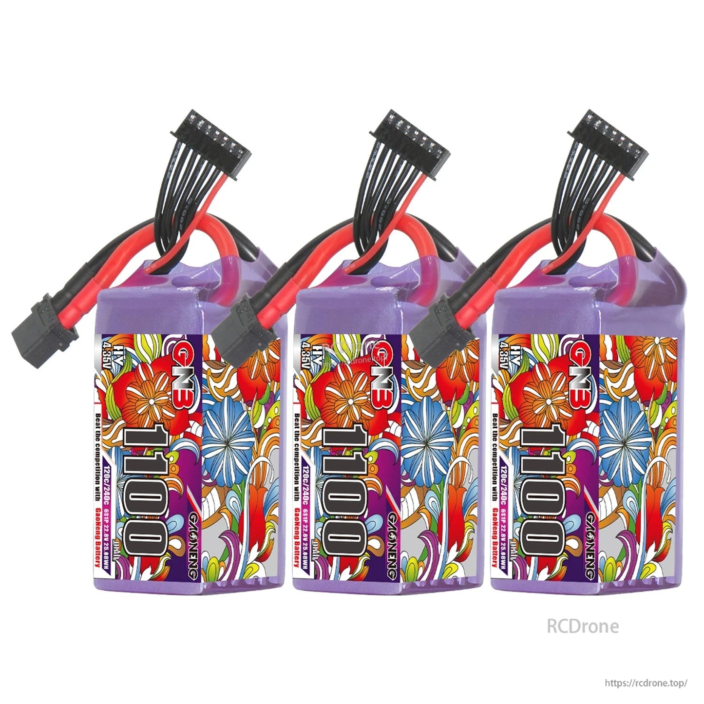 Three-pack bundle photo showing three GNB 1100 LiHV batteries lined up with balance leads and power plugs