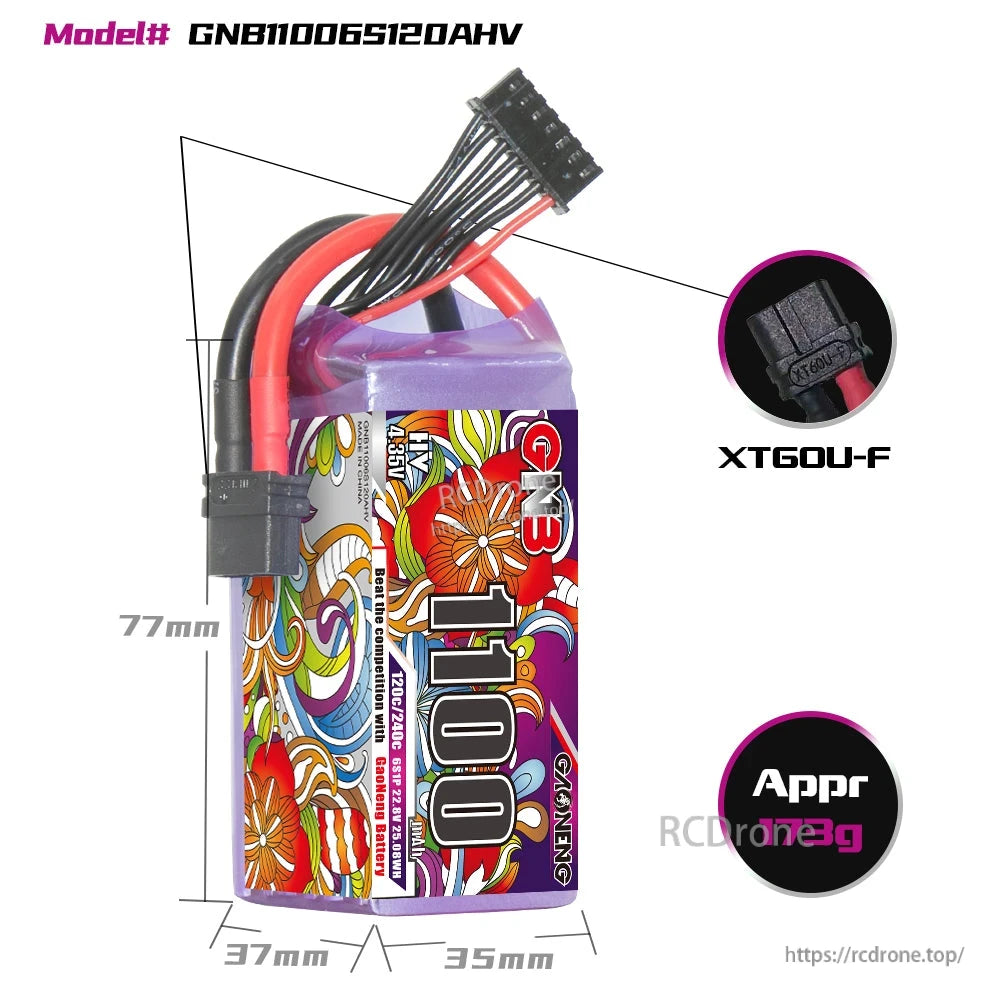 Battery size diagram showing 77mm height and 37mm x 35mm body, plus XT60U-F connector callout