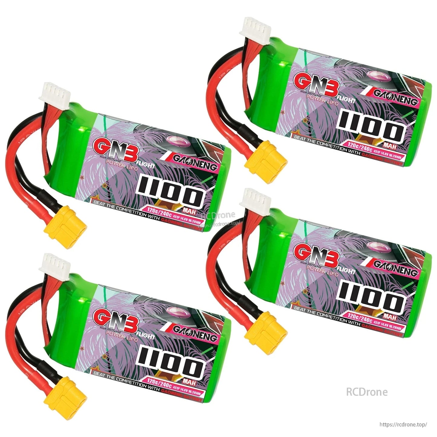 Four GAONENG GNB 1100mAh LiPo batteries arranged diagonally, showing labels, XT60 plugs, and balance leads