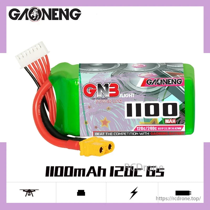 GAONENG GNB11006S120S 6S 1100mAh 120C LiPo battery product graphic with connector and balance lead shown