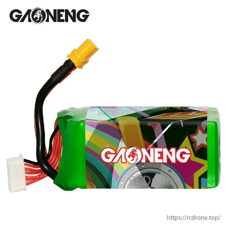 Side profile showing GAONENG logo panel and wire exit; XT60 lead and white balance connector visible