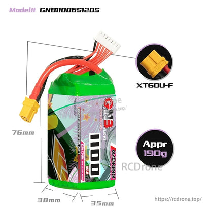 Battery size and weight diagram for GNB11006S120S: 76×38×35mm, approx 190g, XT60U-F connector shown