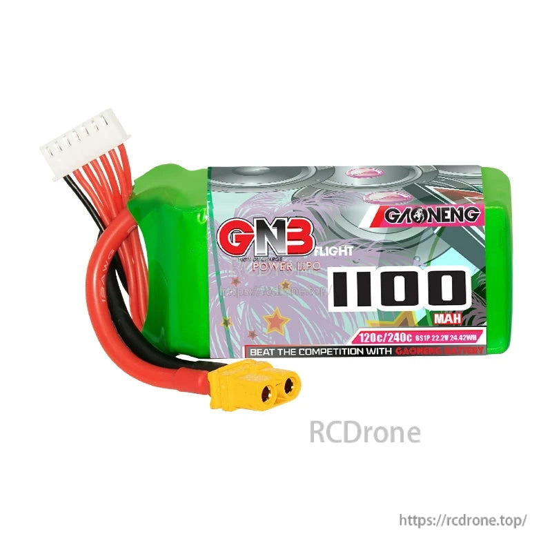 Front label view of GNB 1100mAh 120C 6S LiPo battery with XT60 plug and balance cable on white background