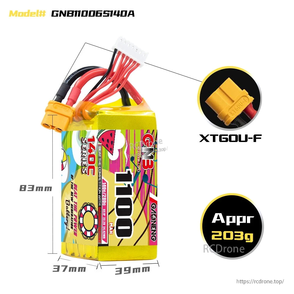 GNB11006S140A battery dimensions diagram (83×37×39 mm) with XT60U-F plug close-up and approx 203 g