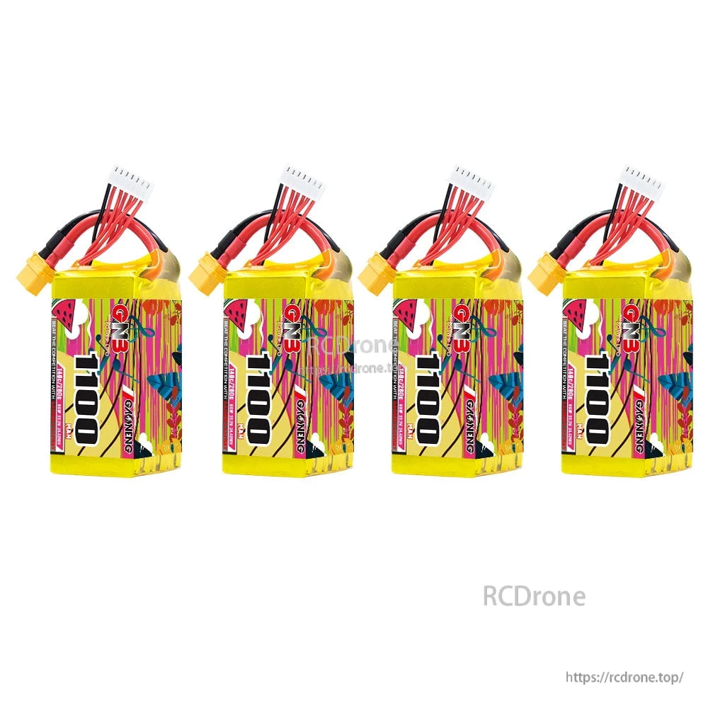 Four GAONENG GNB 1100mAh LiPo batteries lineup, upright with balance leads and XT60 plugs