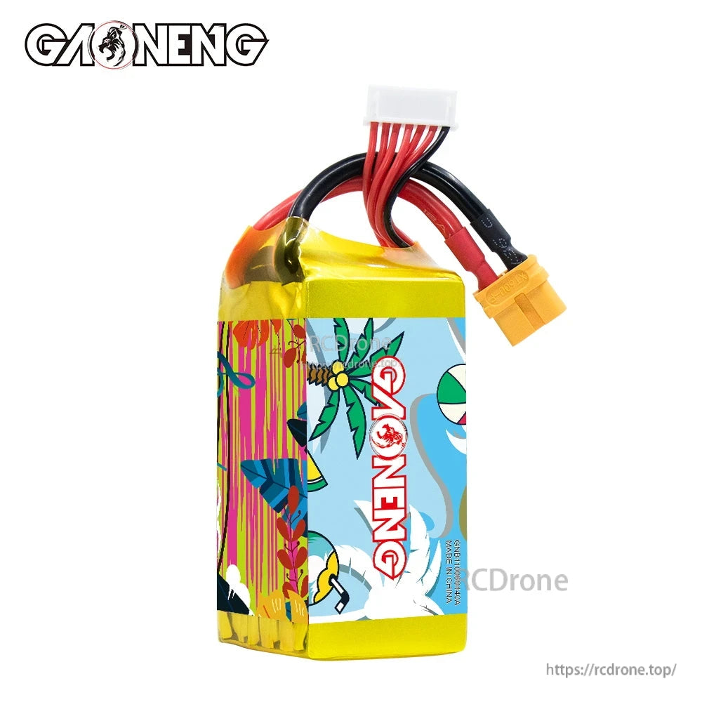 Side view of GAONENG GNB LiPo battery showing wrap design and wire leads exiting top