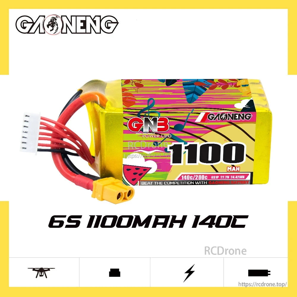 GAONENG 6S 1100mAh 140C LiPo battery product graphic with XT60 connector and branding